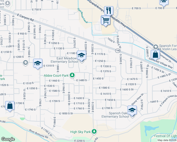 map of restaurants, bars, coffee shops, grocery stores, and more near 2237 East 1400 South in Spanish Fork