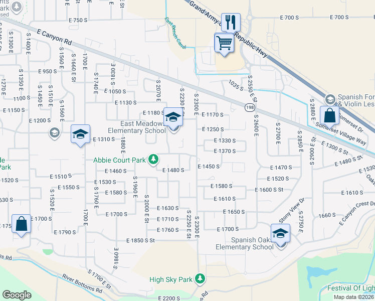map of restaurants, bars, coffee shops, grocery stores, and more near 2237 East 1400 South in Spanish Fork