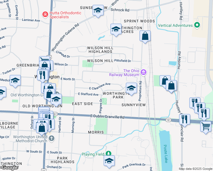 map of restaurants, bars, coffee shops, grocery stores, and more near 345 East Clearview Avenue in Worthington