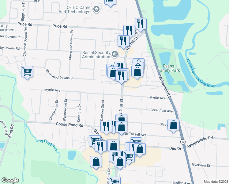 map of restaurants, bars, coffee shops, grocery stores, and more near 160 Myrtle Avenue in Newark