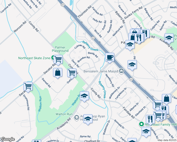 map of restaurants, bars, coffee shops, grocery stores, and more near 11717 Corry Place in Philadelphia