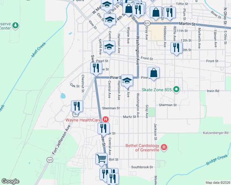 map of restaurants, bars, coffee shops, grocery stores, and more near 119 Sater Street in Greenville