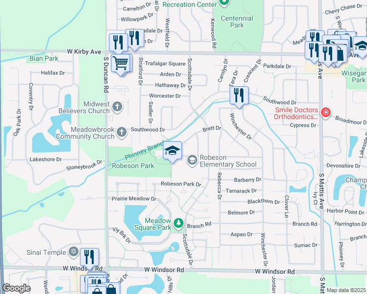 map of restaurants, bars, coffee shops, grocery stores, and more near 2523 Brett Ct in Champaign
