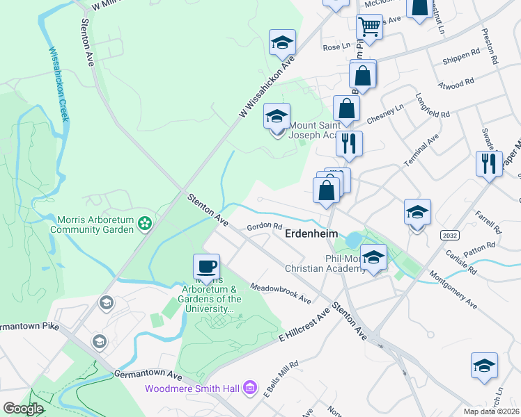 map of restaurants, bars, coffee shops, grocery stores, and more near 42 Brookside Road in Erdenheim