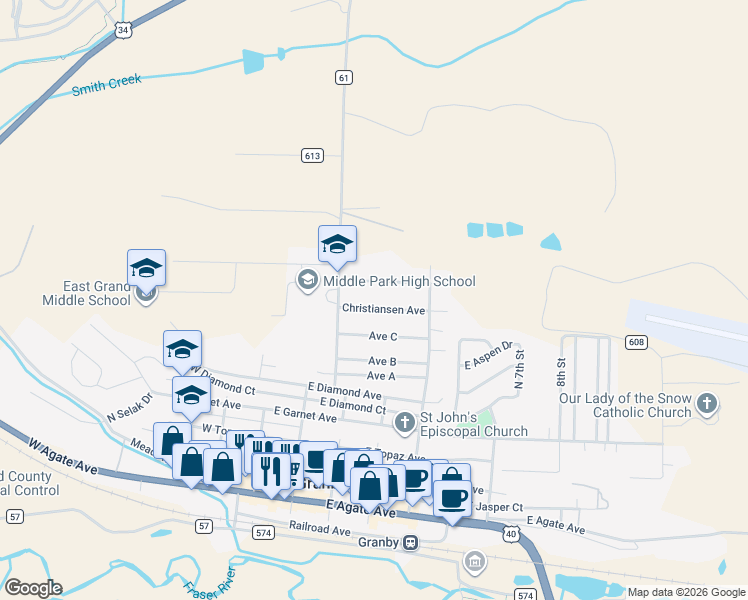 map of restaurants, bars, coffee shops, grocery stores, and more near 265 Christiansen Avenue in Granby
