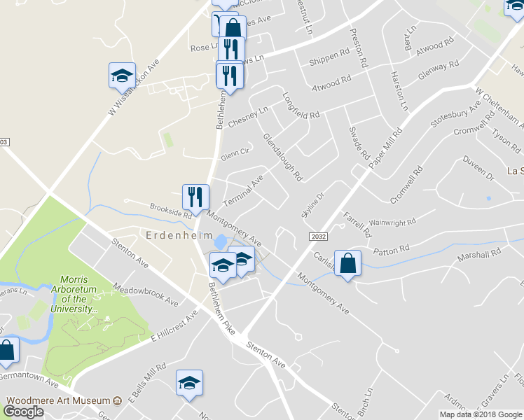 map of restaurants, bars, coffee shops, grocery stores, and more near 18 Auchy Road in Erdenheim
