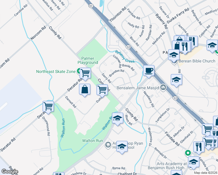 map of restaurants, bars, coffee shops, grocery stores, and more near 3115 Comly Road in Philadelphia