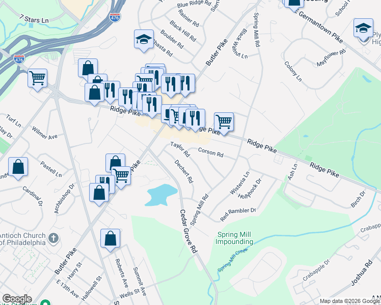 map of restaurants, bars, coffee shops, grocery stores, and more near 25 Taylor Road in Conshohocken