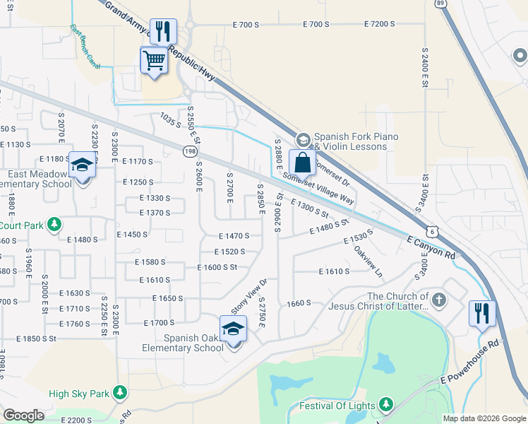 map of restaurants, bars, coffee shops, grocery stores, and more near 1383 South Spanish Ridge Road in Spanish Fork