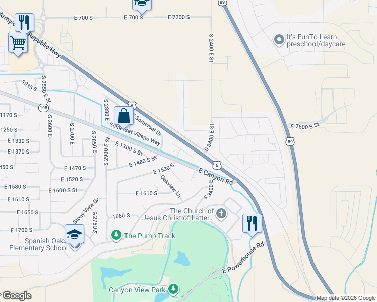 map of restaurants, bars, coffee shops, grocery stores, and more near 3258 East 1350 South Street in Spanish Fork