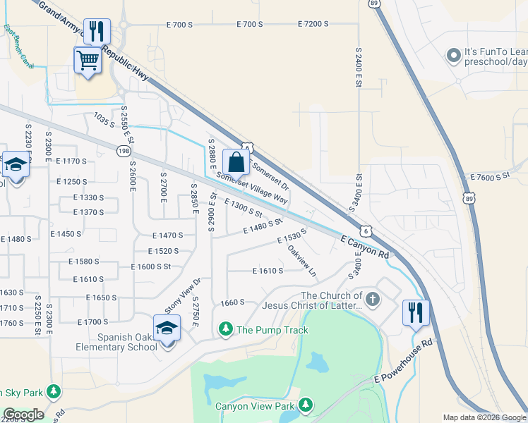 map of restaurants, bars, coffee shops, grocery stores, and more near 3057 East 1300 South Street in Spanish Fork