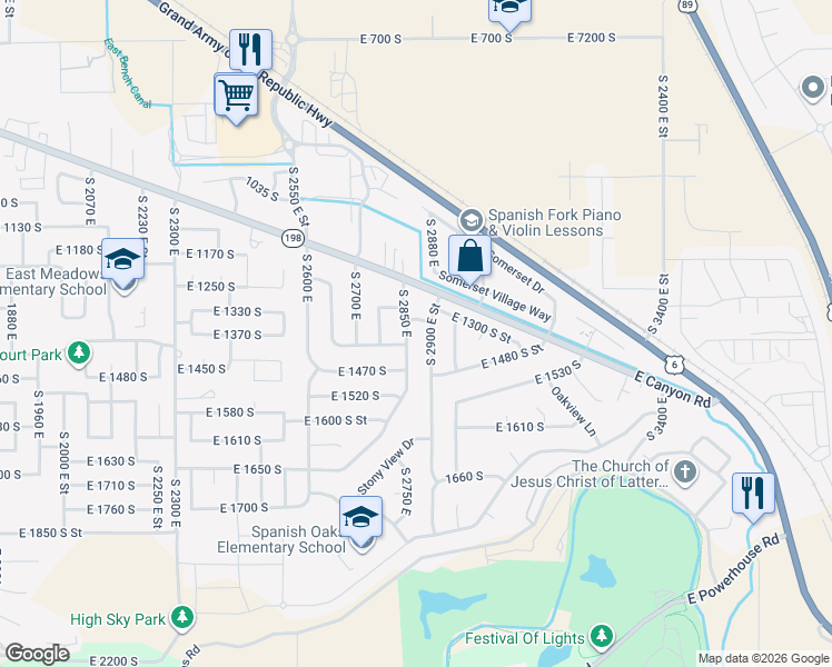 map of restaurants, bars, coffee shops, grocery stores, and more near 1383 South Spanish Ridge Road in Spanish Fork