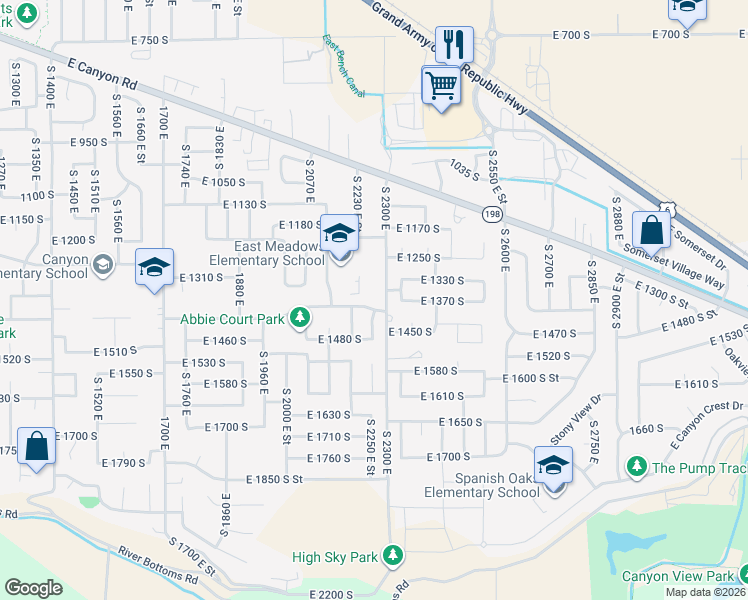 map of restaurants, bars, coffee shops, grocery stores, and more near 1368 South 2220 East in Spanish Fork