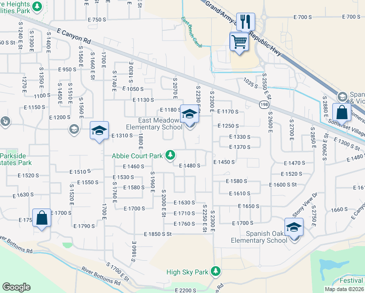 map of restaurants, bars, coffee shops, grocery stores, and more near 2079 East 1400 South in Spanish Fork