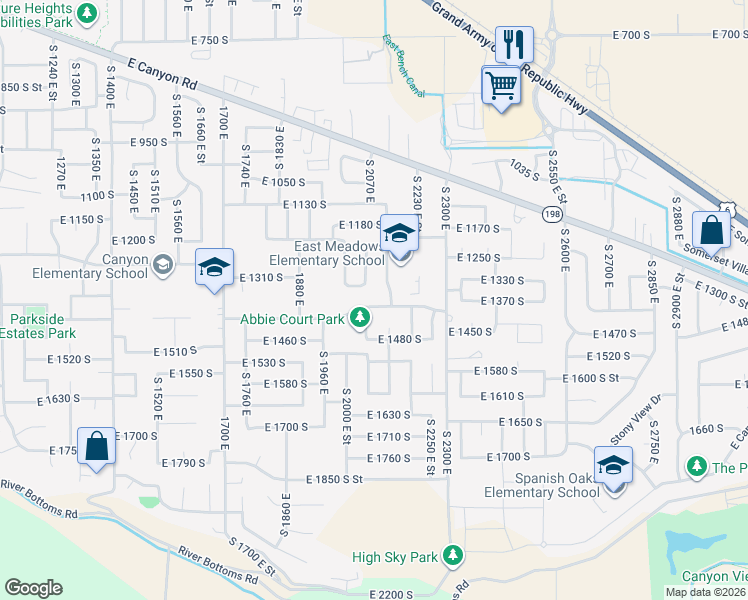 map of restaurants, bars, coffee shops, grocery stores, and more near 2079 East 1400 South in Spanish Fork