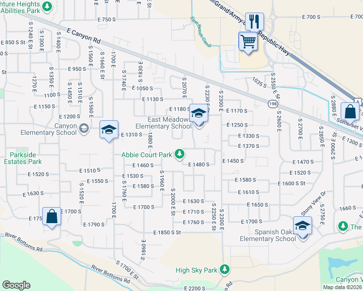 map of restaurants, bars, coffee shops, grocery stores, and more near 2079 East 1400 South in Spanish Fork