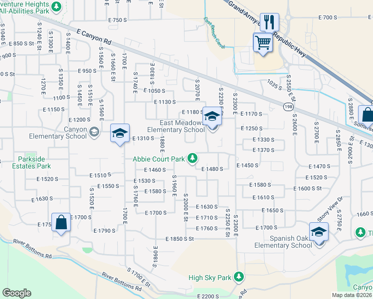 map of restaurants, bars, coffee shops, grocery stores, and more near 2013 East 1400 South in Spanish Fork