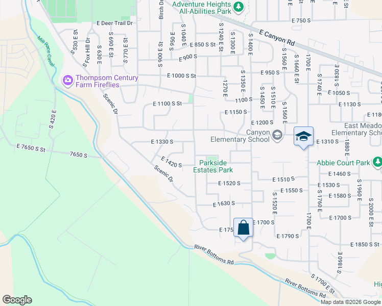 map of restaurants, bars, coffee shops, grocery stores, and more near 1396 South 1100 East in Spanish Fork