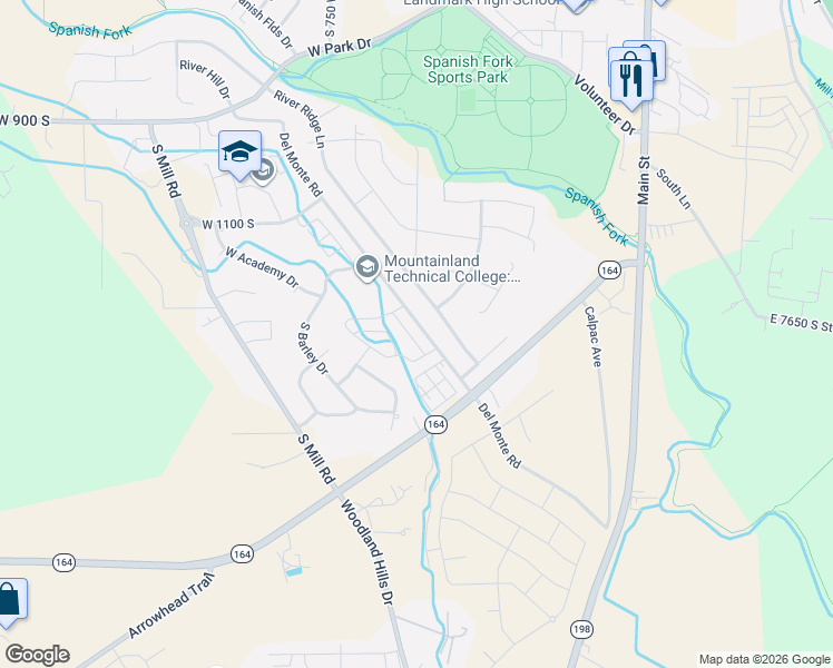 map of restaurants, bars, coffee shops, grocery stores, and more near 1392 Del Monte Road in Spanish Fork