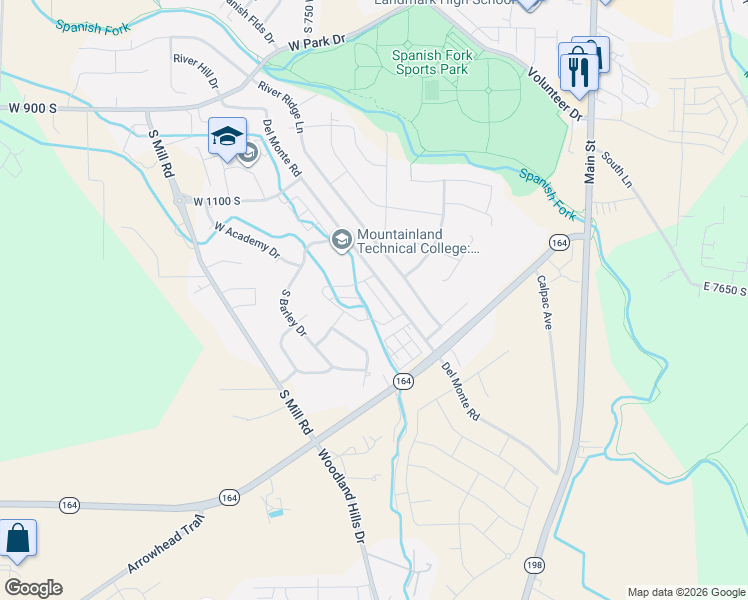 map of restaurants, bars, coffee shops, grocery stores, and more near 1392 Del Monte Road in Spanish Fork