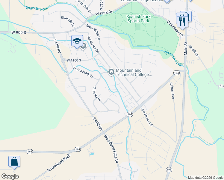 map of restaurants, bars, coffee shops, grocery stores, and more near 1442 South Wheatfield Lane in Spanish Fork