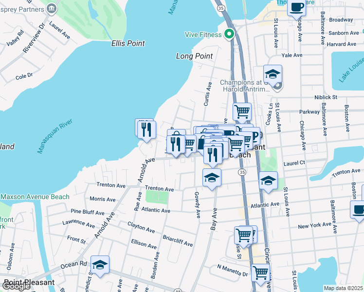 map of restaurants, bars, coffee shops, grocery stores, and more near 808 Grove Street in Point Pleasant Beach