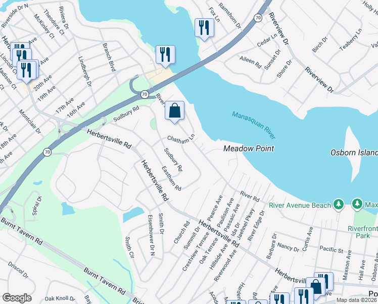 map of restaurants, bars, coffee shops, grocery stores, and more near 205 Eastham Road in Point Pleasant