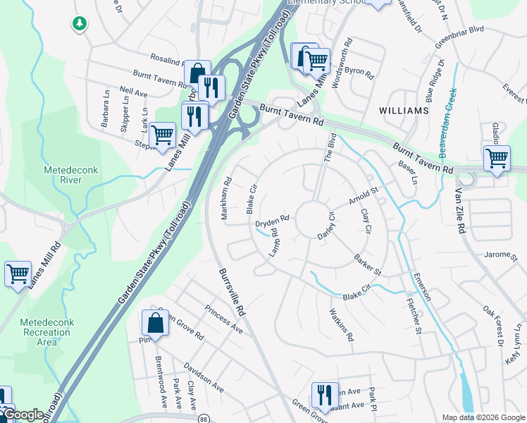 map of restaurants, bars, coffee shops, grocery stores, and more near 2 Melville Lane in Brick Township