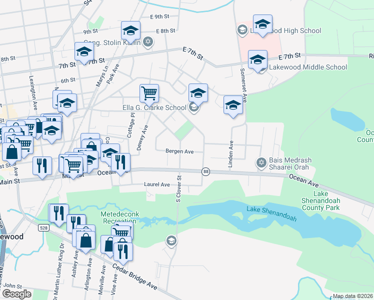 map of restaurants, bars, coffee shops, grocery stores, and more near 425 Bergen Avenue in Lakewood