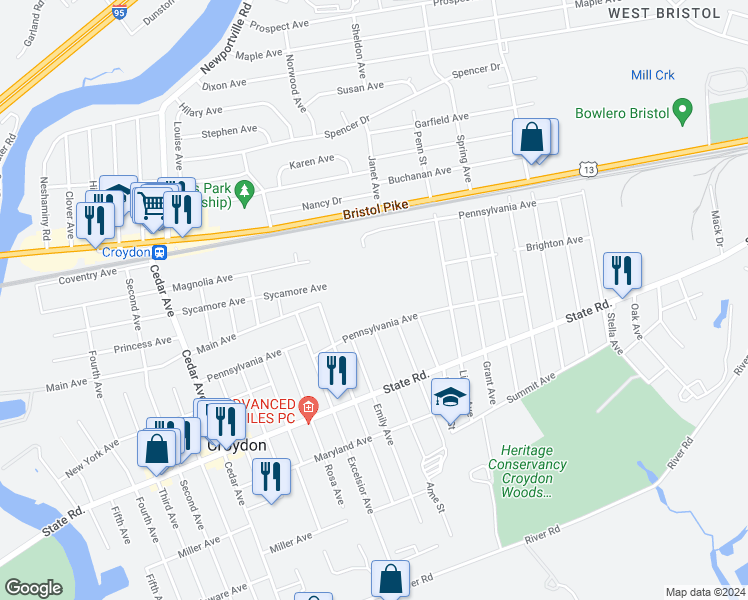 map of restaurants, bars, coffee shops, grocery stores, and more near 735 Church Street in Croydon