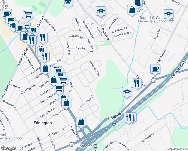 map of restaurants, bars, coffee shops, grocery stores, and more near 1069 Essex Drive in Bensalem