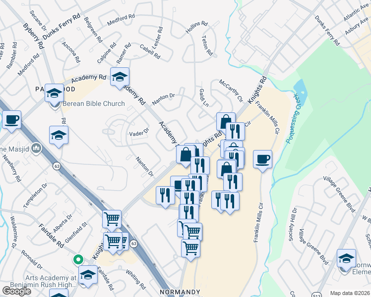map of restaurants, bars, coffee shops, grocery stores, and more near 12604 Knights Road in Philadelphia