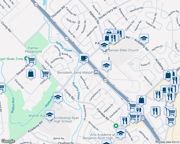 map of restaurants, bars, coffee shops, grocery stores, and more near 12097 Abby Road in Philadelphia