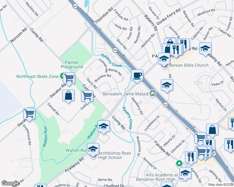 map of restaurants, bars, coffee shops, grocery stores, and more near 11733 Corry Place in Philadelphia