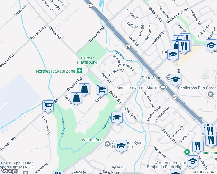 map of restaurants, bars, coffee shops, grocery stores, and more near 3115 Comly Road in Philadelphia