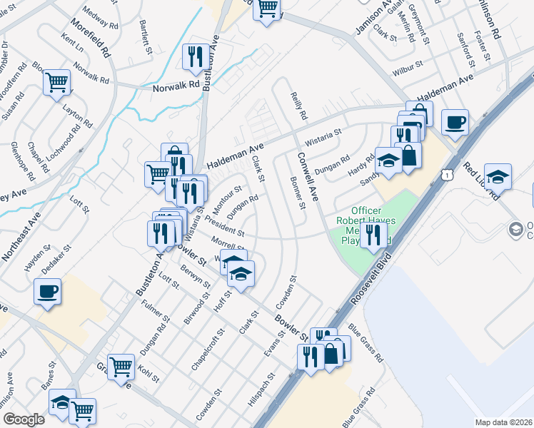 map of restaurants, bars, coffee shops, grocery stores, and more near 9817 Hoff Street in Philadelphia