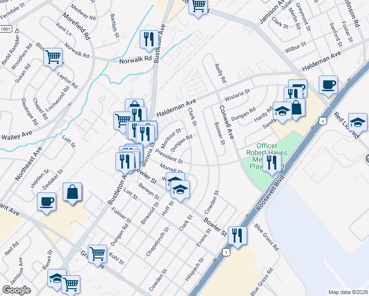 map of restaurants, bars, coffee shops, grocery stores, and more near 9815 Dungan Road in Philadelphia