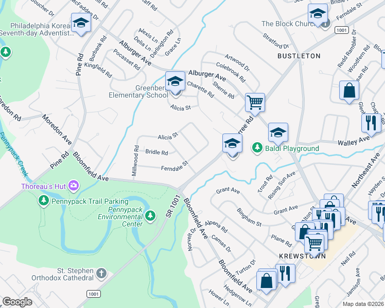 map of restaurants, bars, coffee shops, grocery stores, and more near 8711 Ferndale Street in Philadelphia