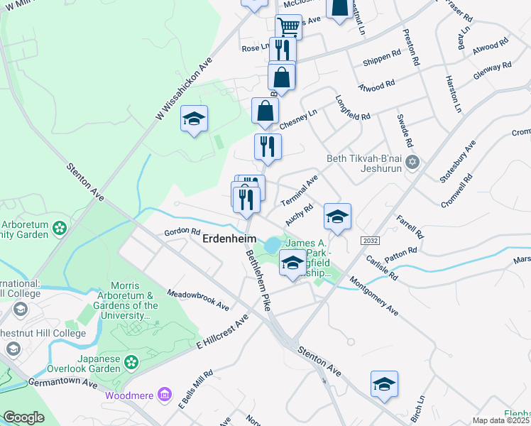 map of restaurants, bars, coffee shops, grocery stores, and more near 102 Montgomery Avenue in Erdenheim