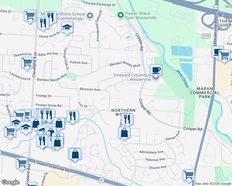 map of restaurants, bars, coffee shops, grocery stores, and more near 2926 Blossom Avenue in Columbus