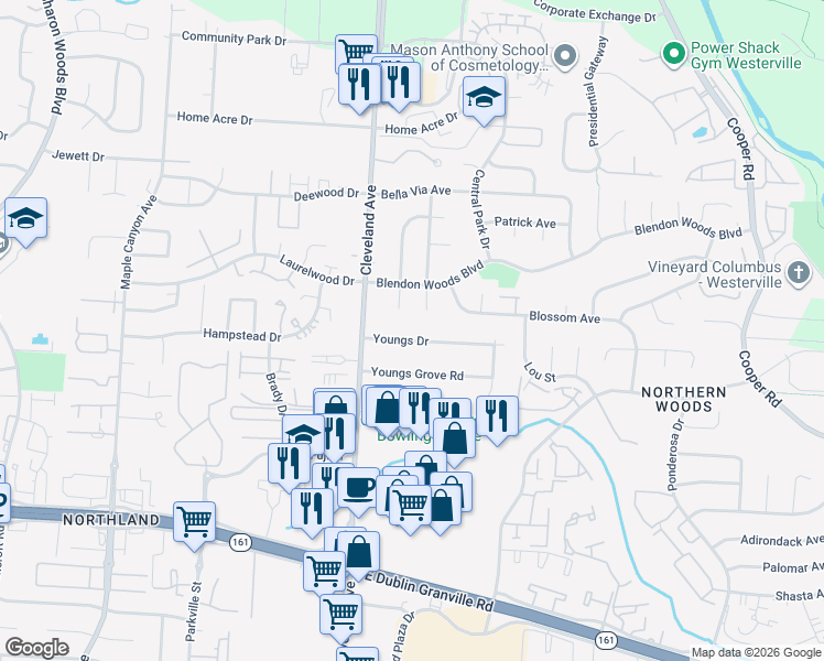 map of restaurants, bars, coffee shops, grocery stores, and more near 2530 Youngs Drive in Columbus