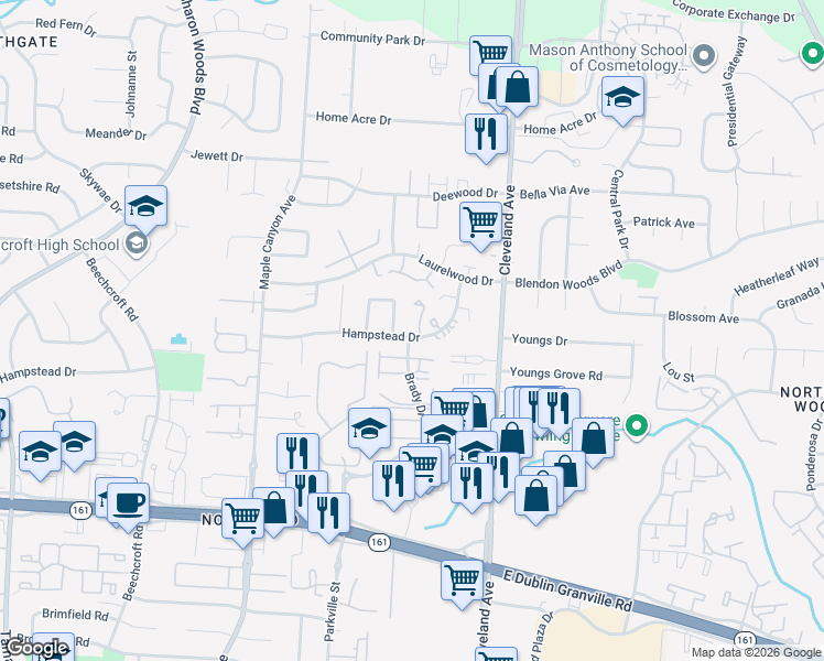 map of restaurants, bars, coffee shops, grocery stores, and more near 2280 Hampstead Drive in Columbus