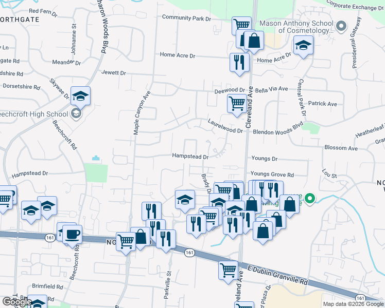 map of restaurants, bars, coffee shops, grocery stores, and more near 2280 Hampstead Drive in Columbus