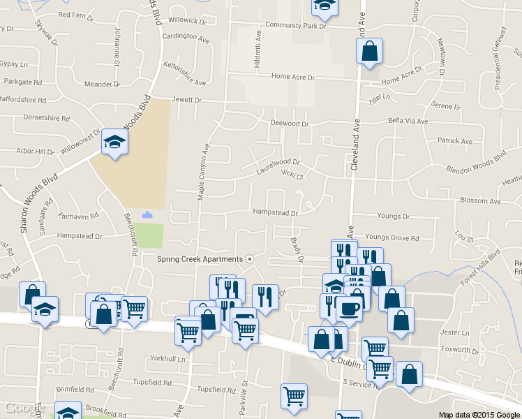map of restaurants, bars, coffee shops, grocery stores, and more near 6015 Pinemoor Street in Columbus