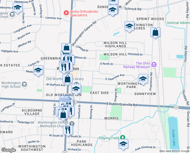 map of restaurants, bars, coffee shops, grocery stores, and more near 188 East Clearview Avenue in Worthington