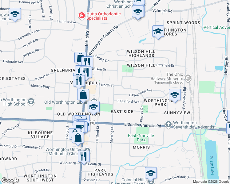 map of restaurants, bars, coffee shops, grocery stores, and more near 188 East Clearview Avenue in Worthington