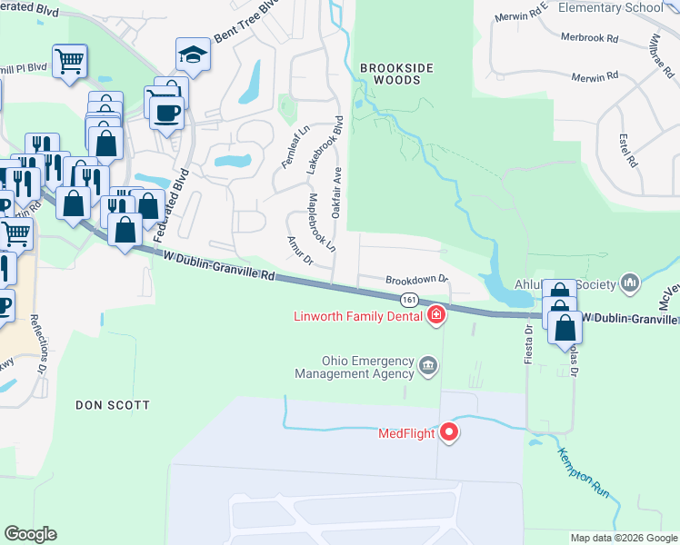 map of restaurants, bars, coffee shops, grocery stores, and more near 6349 Danbury Place in Columbus