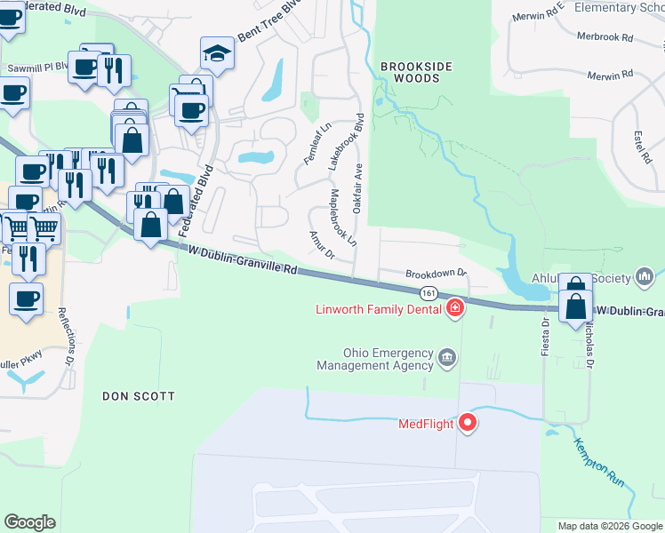 map of restaurants, bars, coffee shops, grocery stores, and more near 6665 Maplebrook Lane in Columbus