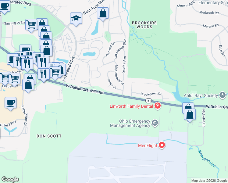 map of restaurants, bars, coffee shops, grocery stores, and more near 2239 Plane Tree Court in Columbus