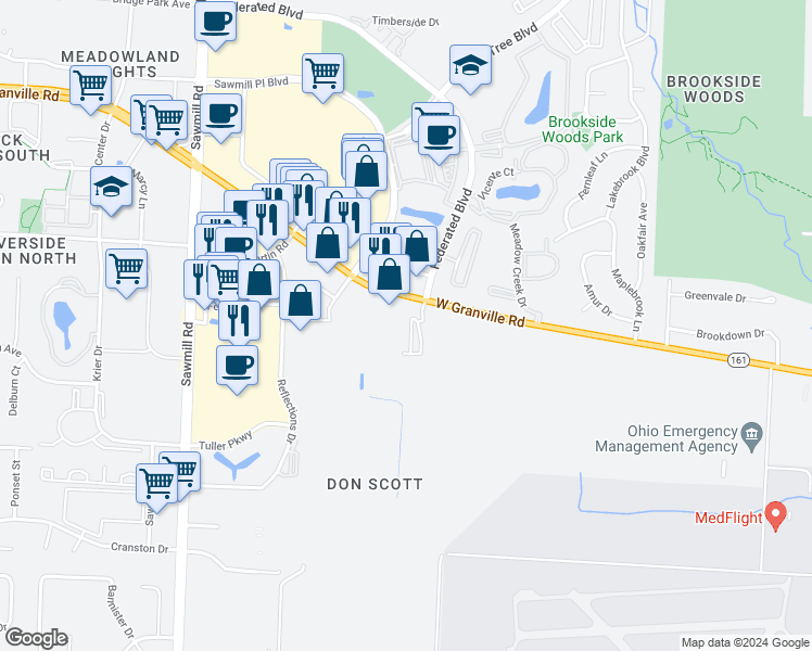 map of restaurants, bars, coffee shops, grocery stores, and more near 6667 Wesbury Park Avenue in Columbus